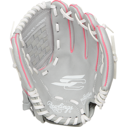 The Rawlings Sure Catch 10" Fastpitch Glove (SCSB100P) is a gray youth softball glove with white laces and pink accents, featuring branding logos on the palm—perfect for young players.