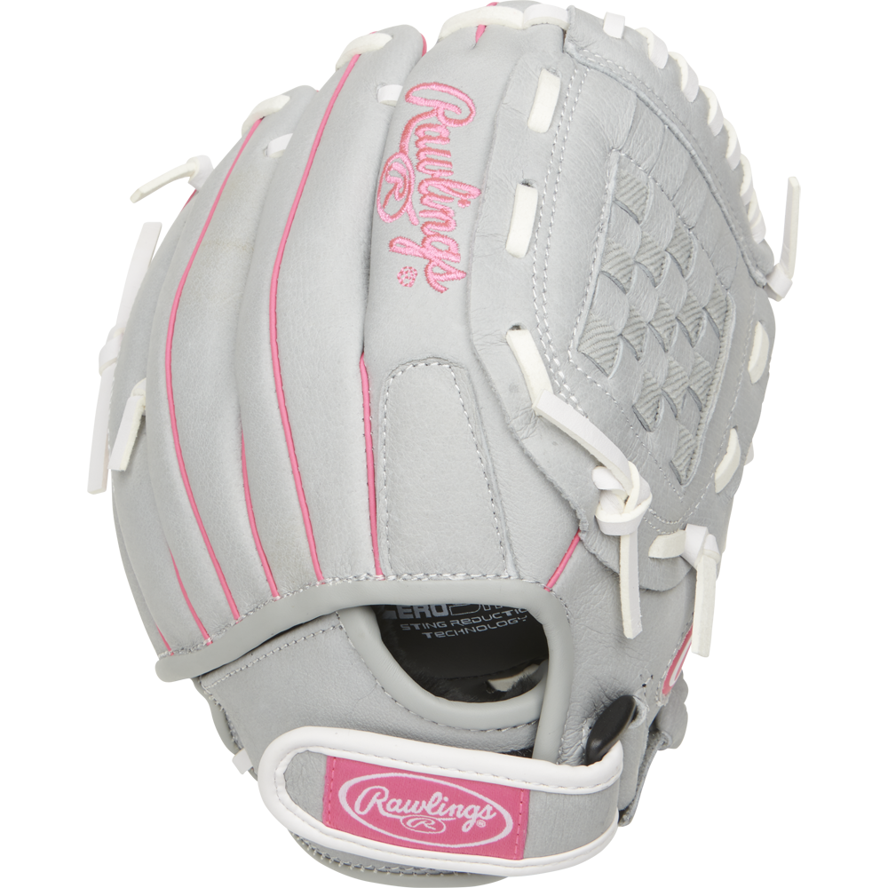 The Rawlings Sure Catch 10" Fastpitch Glove (SCSB100P) is a gray youth softball glove with white laces, pink accents, and the Rawlings logo on the back and wrist strap, shown against a white background.