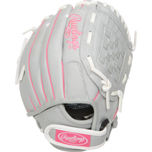 The Rawlings Sure Catch 10" Fastpitch Glove (SCSB100P) is a gray youth softball glove with white laces, pink accents, and the Rawlings logo on the back and wrist strap, shown against a white background.