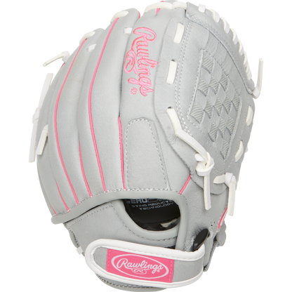 The Rawlings Sure Catch 10" Fastpitch Glove (SCSB100P) is a gray youth softball glove with white laces, pink accents, and the Rawlings logo on the back and wrist strap, shown against a white background.