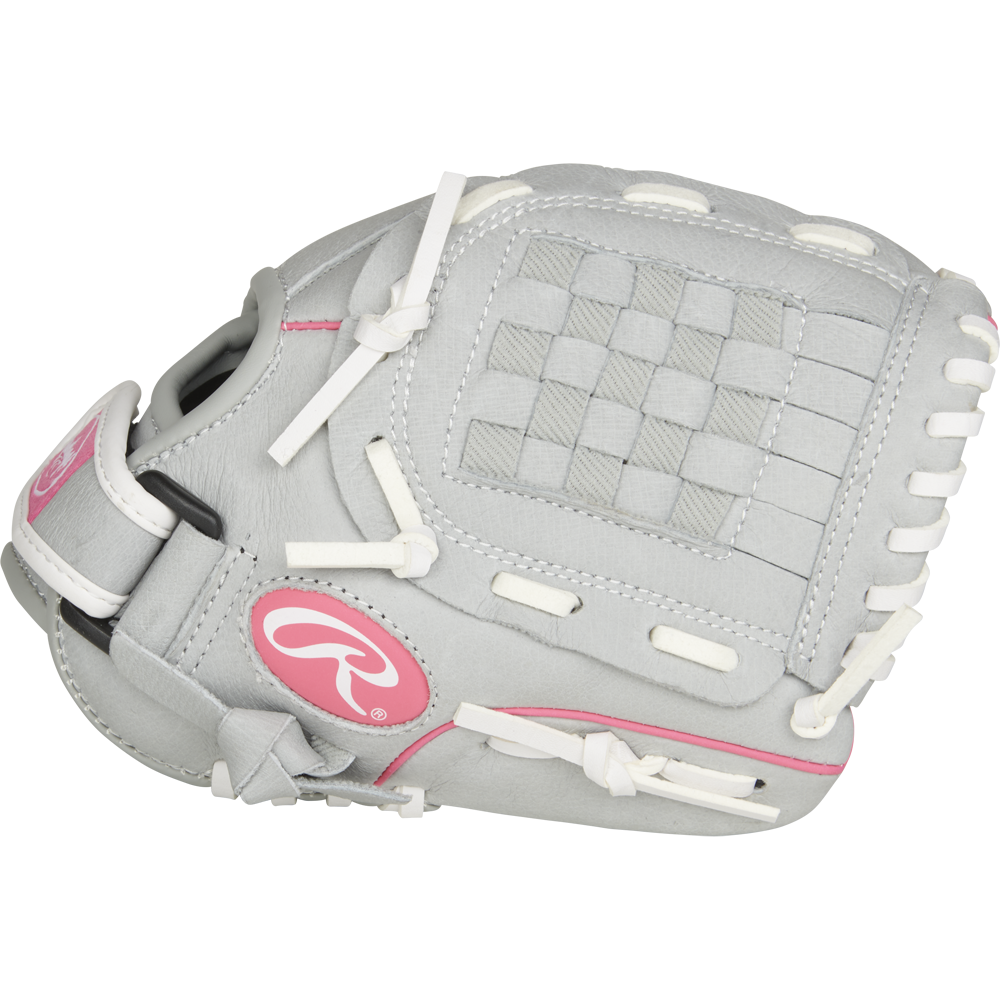The Rawlings Sure Catch 10" Fastpitch Glove (SCSB100P) is a youth softball glove in gray and pink with white laces and a woven web, shown against a plain white background.