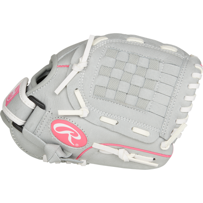 The Rawlings Sure Catch 10" Fastpitch Glove (SCSB100P) is a youth softball glove in gray and pink with white laces and a woven web, shown against a plain white background.