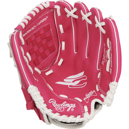 The Rawlings Sure Catch 10" Fastpitch Glove (SCSB100PW) is a pink and white youth softball glove with white laces, printed branding in the palm, and a basket-web design, displayed open and facing upward.