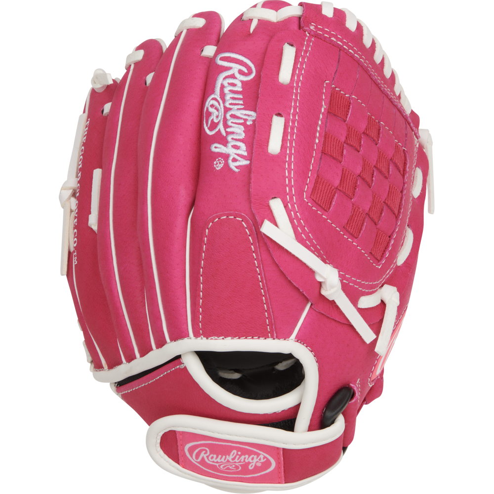 The Rawlings Sure Catch 10" Fastpitch Glove (SCSB100PW) is a pink youth glove with white laces and stitching, a woven web design, and the Rawlings logo on the back—ideal for beginners.
