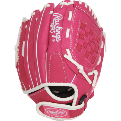 The Rawlings Sure Catch 10" Fastpitch Glove (SCSB100PW) is a pink youth glove with white laces and stitching, a woven web design, and the Rawlings logo on the back—ideal for beginners.
