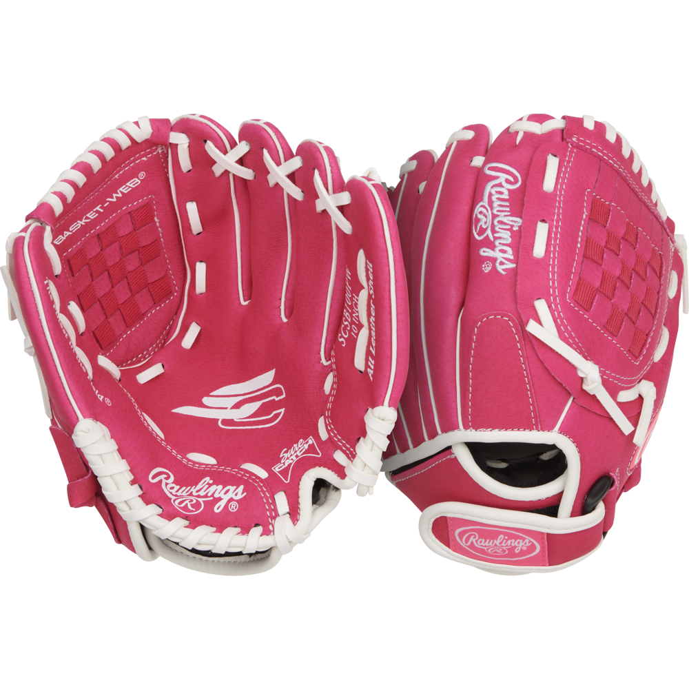 Two Rawlings Sure Catch 10" Fastpitch Gloves (SCSB100PW) in bright pink with white lacing, shown front and back with basket-web design, are ideal beginner youth softball gloves, displayed on a plain white background.