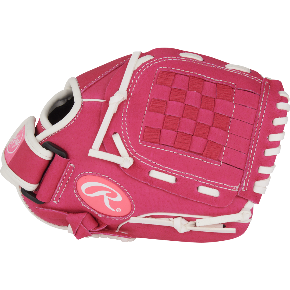 The Rawlings Sure Catch 10" Fastpitch Glove (SCSB100PW) is a pink youth glove with white stitching and lacing, a woven pocket pattern, and the Rawlings logo on the wrist strap—ideal for beginner softball players.