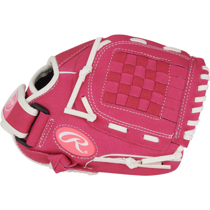 The Rawlings Sure Catch 10" Fastpitch Glove (SCSB100PW) is a pink youth glove with white stitching and lacing, a woven pocket pattern, and the Rawlings logo on the wrist strap—ideal for beginner softball players.