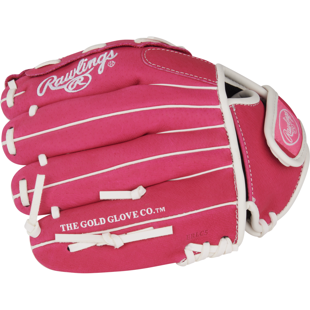 The Rawlings Sure Catch 10" Fastpitch Glove (SCSB100PW) is a pink youth glove with white laces, THE GOLD GLOVE CO. stamped on the side, and the Rawlings logo on the wrist strap—perfect for beginner softball players.