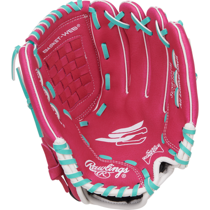 The Rawlings Sure Catch 10.5" Fastpitch Glove (SCSB105PM) is a pink youth glove with teal and white laces, a basket-web pattern, and multiple logos on the palm and thumb.