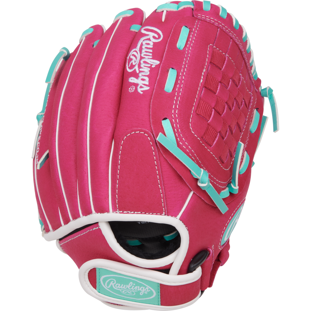 The Rawlings Sure Catch 10.5" Fastpitch Glove (SCSB105PM) is a pink youth glove with teal and white accents, white stitching, teal laces, and the Rawlings logo on the wrist strap and back.