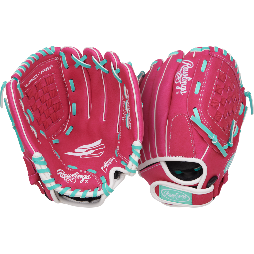 Two pink Rawlings Sure Catch 10.5" Fastpitch Gloves (SCSB105PM) with teal and white laces are shown against a white background, displaying both palm and back sides, brand logos, and detailed stitching.