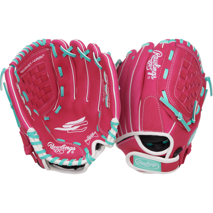 Two pink Rawlings Sure Catch 10.5" Fastpitch Gloves (SCSB105PM) with teal and white laces are shown against a white background, displaying both palm and back sides, brand logos, and detailed stitching.