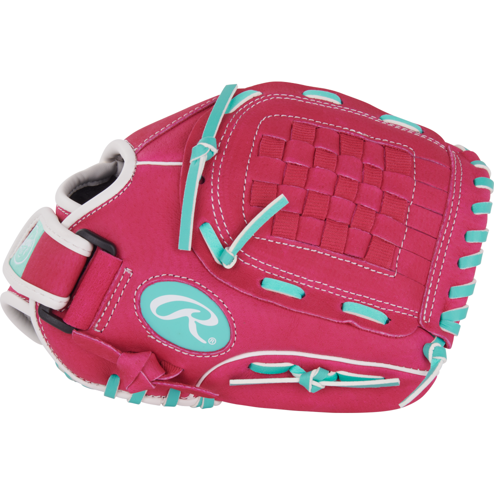 The Rawlings Sure Catch 10.5" Fastpitch Glove (SCSB105PM) features a bright pink design with teal laces, white stitching, and woven webbing on the pocket, shown against a plain white background.