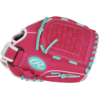 The Rawlings Sure Catch 10.5" Fastpitch Glove (SCSB105PM) features a bright pink design with teal laces, white stitching, and woven webbing on the pocket, shown against a plain white background.