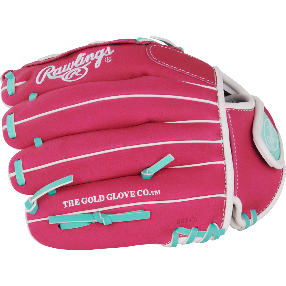 The Rawlings Sure Catch 10.5" Fastpitch Glove (SCSB105PM) is a pink youth softball glove with white laces, teal accents, and THE GOLD GLOVE CO.™ on the side—perfect for young fastpitch players.