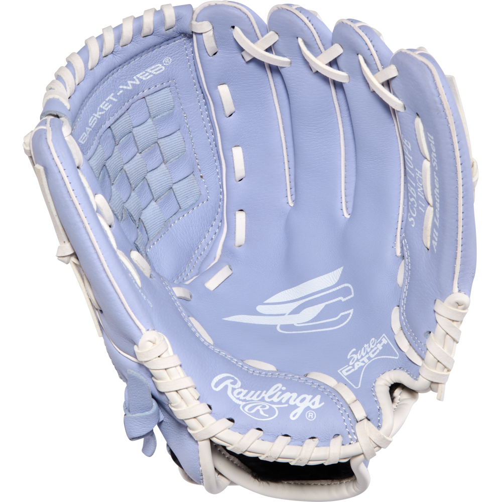 The Rawlings Sure Catch 11" Fastpitch Glove (SCSB110PE) is a light blue youth softball glove with white lacing and branding, featuring a basket web and partially open pocket, shown on a plain white background.