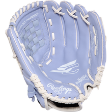 The Rawlings Sure Catch 11" Fastpitch Glove (SCSB110PE) is a light blue youth softball glove with white lacing and branding, featuring a basket web and partially open pocket, shown on a plain white background.
