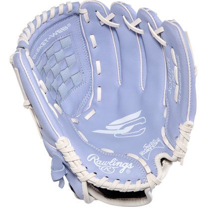 The Rawlings Sure Catch 11" Fastpitch Glove (SCSB110PE) is a light blue youth softball glove with white lacing and branding, featuring a basket web and partially open pocket, shown on a plain white background.