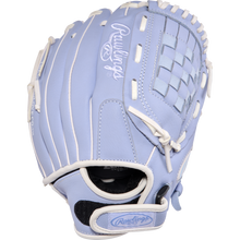 The Rawlings Sure Catch 11" Fastpitch Glove (SCSB110PE) is a light blue youth softball glove with white stitching and accents, basket web pattern, visible Rawlings logos, and sized at 11 inches for young players.