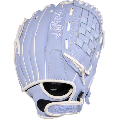 The Rawlings Sure Catch 11" Fastpitch Glove (SCSB110PE) is a light blue youth softball glove with white stitching and accents, basket web pattern, visible Rawlings logos, and sized at 11 inches for young players.