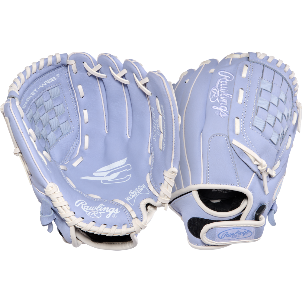 Two light blue Rawlings Sure Catch 11" Fastpitch Gloves (SCSB110PE) with white laces are shown, one palm up and one back up, featuring the Rawlings logo and basket web design on a white background.