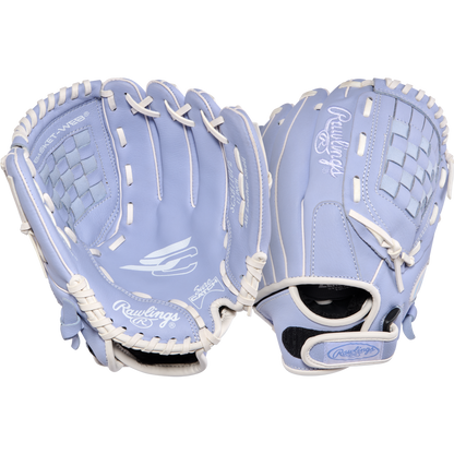 Two light blue Rawlings Sure Catch 11" Fastpitch Gloves (SCSB110PE) with white laces are shown, one palm up and one back up, featuring the Rawlings logo and basket web design on a white background.