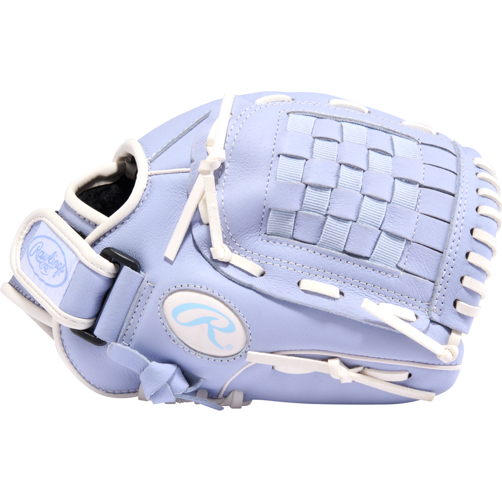 The Rawlings Sure Catch 11" Fastpitch Glove (SCSB110PE) is a light blue youth softball glove with white laces and a woven pocket, displayed on a plain white background.