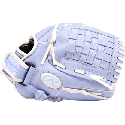 The Rawlings Sure Catch 11" Fastpitch Glove (SCSB110PE) is a light blue youth softball glove with white laces and a woven pocket, displayed on a plain white background.