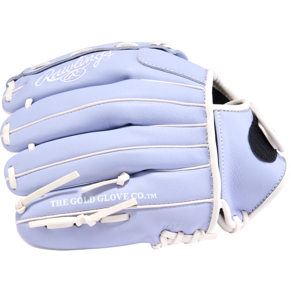 A Rawlings Sure Catch 11" Fastpitch Glove (SCSB110PE) in light blue with white laces and THE GOLD GLOVE CO.™ printed on the side is displayed against a plain white background.