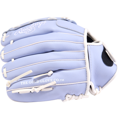 A Rawlings Sure Catch 11" Fastpitch Glove (SCSB110PE) in light blue with white laces and THE GOLD GLOVE CO.™ printed on the side is displayed against a plain white background.