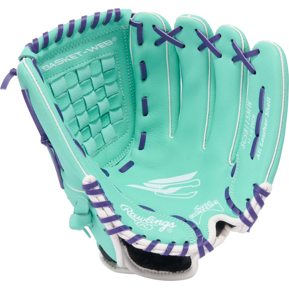 The Rawlings Sure Catch 11.5" Fastpitch Glove (SCSB115MW) is a teal youth glove with purple lacing, white accents, and BASKET-WEB branding on the palm. It features a basket web design and an all-leather shell for durability.