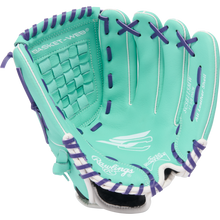 The Rawlings Sure Catch 11.5" Fastpitch Glove (SCSB115MW) is a teal youth glove with purple lacing, white accents, and BASKET-WEB branding on the palm. It features a basket web design and an all-leather shell for durability.