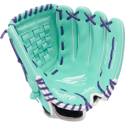 The Rawlings Sure Catch 11.5" Fastpitch Glove (SCSB115MW) is a teal youth glove with purple lacing, white accents, and BASKET-WEB branding on the palm. It features a basket web design and an all-leather shell for durability.
