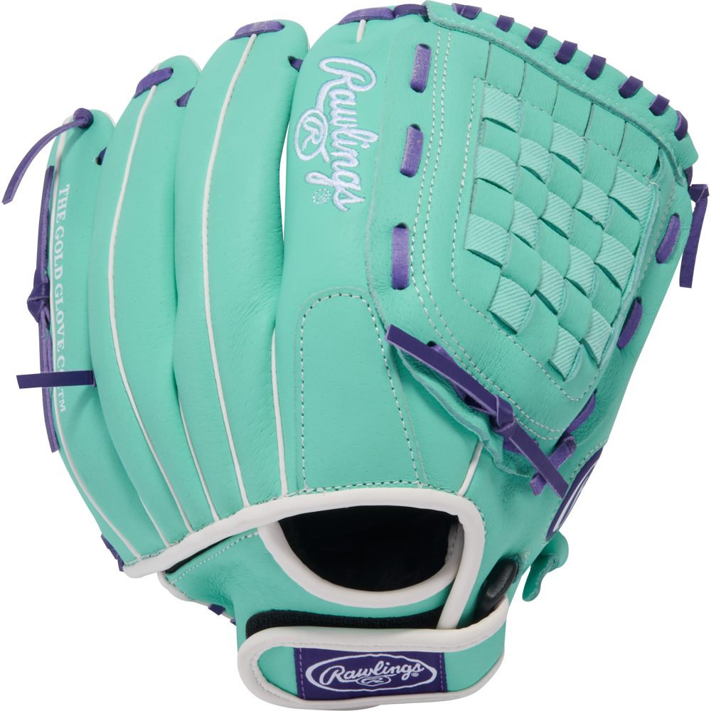 The Rawlings Sure Catch 11.5" Fastpitch Glove (SCSB115MW) is a teal youth glove with purple laces, white trim, branding on the wrist strap, woven web design, and "THE GOLD GLOVE CO." text on the thumb.