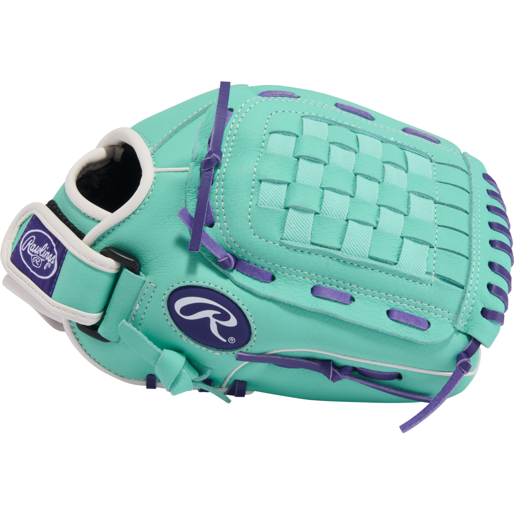 The Rawlings Sure Catch 11.5" Fastpitch Glove (SCSB115MW) features a teal and purple design with white accents, woven web, and Rawlings logo—offering young players stylish performance for softball.