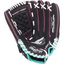 The Rawlings Sure Catch 12" Fastpitch Glove (SCSB12BMP) is a black youth glove with white and teal laces, pink stitching, a woven basket web, and prominent Rawlings logos on the palm and thumb.
