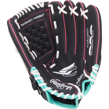 The Rawlings Sure Catch 12" Fastpitch Glove (SCSB12BMP) is a black youth glove with white and teal laces, pink stitching, a woven basket web, and prominent Rawlings logos on the palm and thumb.