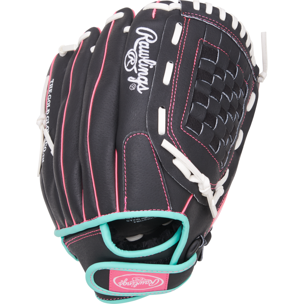 A Rawlings Sure Catch 12" Fastpitch Glove (SCSB12BMP) in black with pink and teal accents, white lacing, and a woven basket web is shown upright against a plain white background.