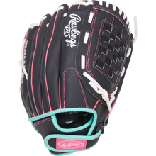 A Rawlings Sure Catch 12" Fastpitch Glove (SCSB12BMP) in black with pink and teal accents, white lacing, and a woven basket web is shown upright against a plain white background.