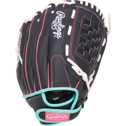 A Rawlings Sure Catch 12" Fastpitch Glove (SCSB12BMP) in black with pink and teal accents, white lacing, and a woven basket web is shown upright against a plain white background.