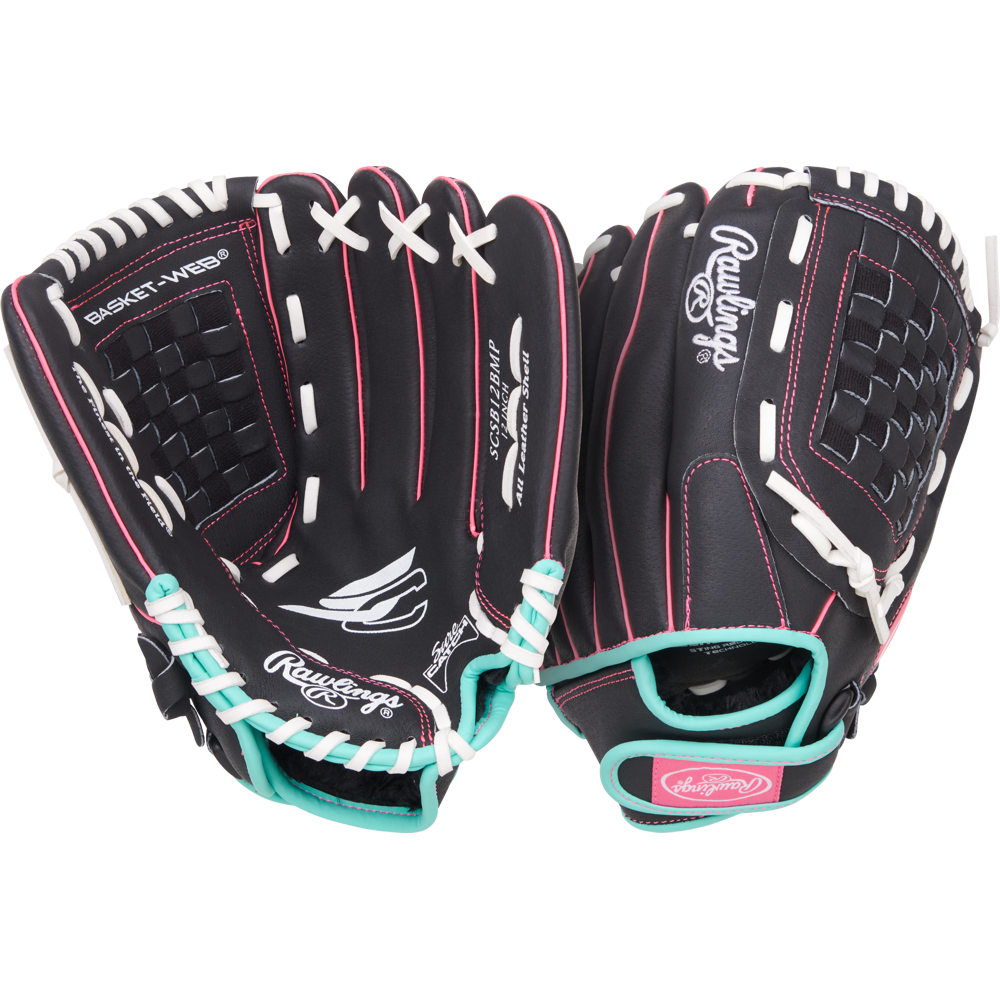 A Rawlings Sure Catch 12" Fastpitch Glove (SCSB12BMP) in black with pink stitching, white laces, and teal accents is shown open to display both the palm and back on a white background.