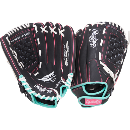 A Rawlings Sure Catch 12" Fastpitch Glove (SCSB12BMP) in black with pink stitching, white laces, and teal accents is shown open to display both the palm and back on a white background.