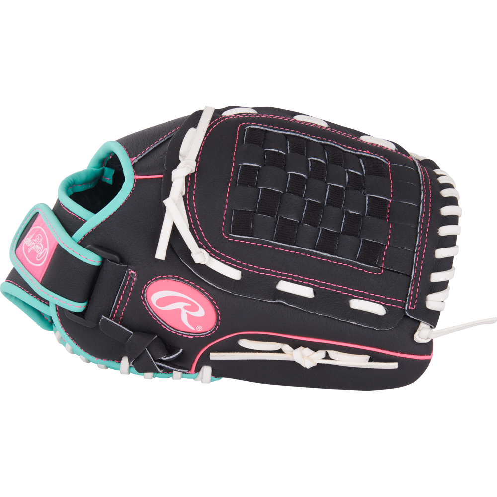 The Rawlings Sure Catch 12" Fastpitch Glove (SCSB12BMP) features a black design with white laces, pink stitching, teal accents, woven web, and the Rawlings logo on the wrist strap—perfect for youth softball players.
