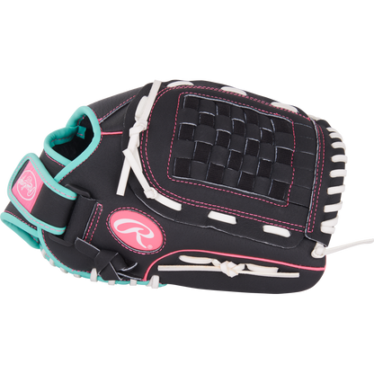 The Rawlings Sure Catch 12" Fastpitch Glove (SCSB12BMP) features a black design with white laces, pink stitching, teal accents, woven web, and the Rawlings logo on the wrist strap—perfect for youth softball players.