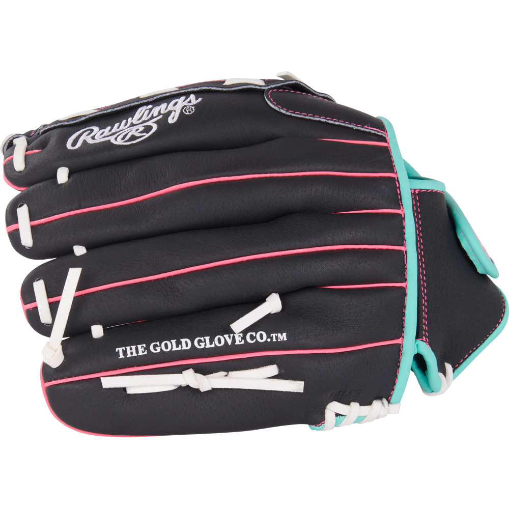 The Rawlings Sure Catch 12" Fastpitch Glove (SCSB12BMP) is a black youth glove with pink piping, white laces, teal accents, and “THE GOLD GLOVE CO.™” on the palm—ideal for young softball players.