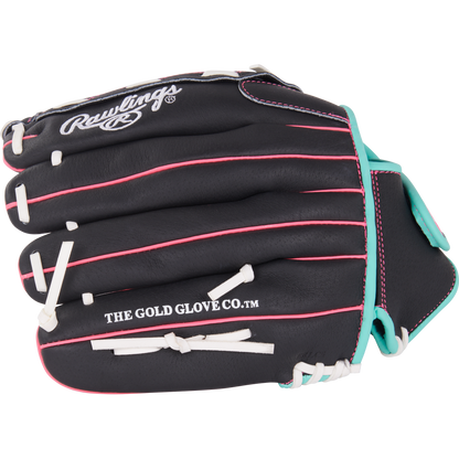 The Rawlings Sure Catch 12" Fastpitch Glove (SCSB12BMP) is a black youth glove with pink piping, white laces, teal accents, and “THE GOLD GLOVE CO.™” on the palm—ideal for young softball players.