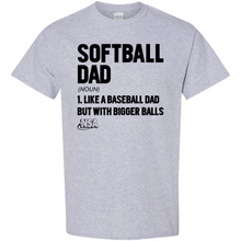 The DSG Apparel NSA Softball Dad Short Sleeve Shirt features bold "SOFTBALL DAD" text, a humorous definition, the NSA logo below, and offers a classic fit with a seamless collar for comfort.