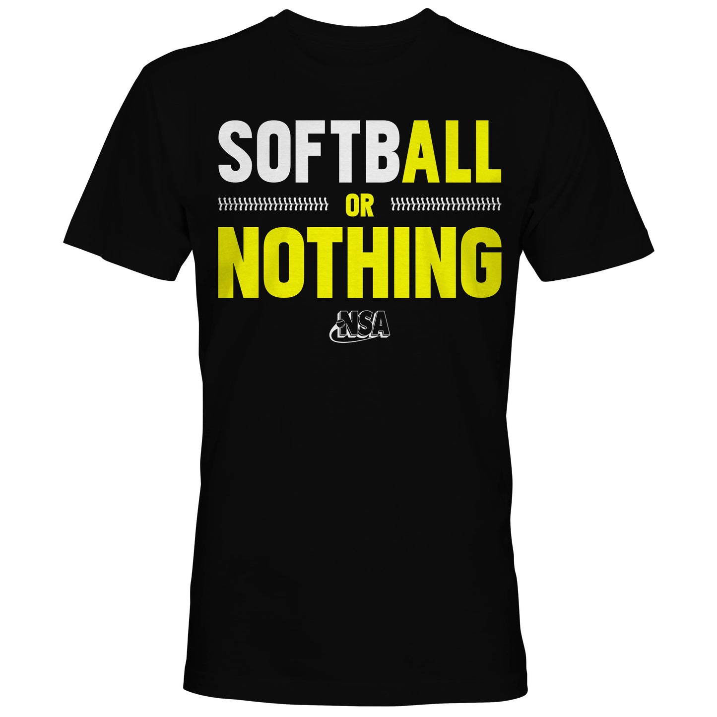 The DSG Apparel NSA Softball or Nothing Short Sleeve Shirt is a black tee with bold white and yellow text, zipper graphic between SOFT and BALL, and the National Softball Association (NSA) logo—perfect for softball fans.