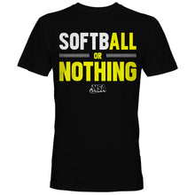 The DSG Apparel NSA Softball or Nothing Short Sleeve Shirt is a black tee with bold white and yellow text, zipper graphic between SOFT and BALL, and the National Softball Association (NSA) logo—perfect for softball fans.